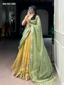 Best Quality NC Moss Silk with <b>Sequin</b>-Thread Embroidered <b>Flared</b> Can-Can Yellow Lehenga-Choli Set with Batwa Wholesale Supply - Product Image 4