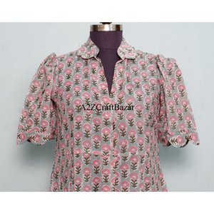 Robe midi florale Kangura pour femme, 100 % coton écologique, style Kangura, col en V, manches courtes, boutons décoratifs, lavable. - Product Image 2