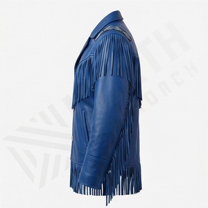 Veste en cuir véritable bleu premium pour homme avec franges, épaules et dos brodés, style motard, personnalisation OEM disponible - Product Image 6