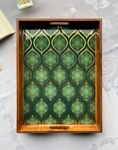 Bandeja de Almacenamiento Rectangular de Madera, Diseño Moderno y Lujoso, Acabado Lacado Verde Dorado, Uso en Cocina, de Una Sola Capa, Apta para Lavavajillas - Product Image 1