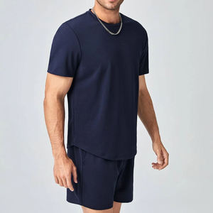 Conjunto de Camiseta y Pantalones Cortos para Hombre, Color Azul Marino Oscuro, Diseño Liso, Tela Ligera y Transpirable, Atuendo Casual de Verano de Dos Piezas - Product Image 5