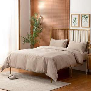 Parure de couette en lin beige avec 2 taies d'oreiller, tissu naturel adouci, fermeture à boutons, literie pour hôtels et intérieurs. - Product Image 2