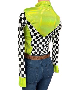 Camisa de rodeo verde neón para mujer, estilo ecuestre occidental, top de espectáculo, patrón sólido, tela elástica brillante - Product Image 3