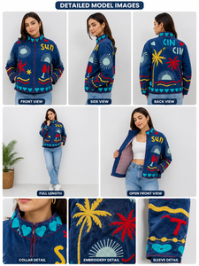 Hand Embroidered Velvet Bomber <b>Jacket</b> With <b>Mandarin</b> <b>Collar</b> Summer Vacation Style Full Sleeve Zipper Closure Blue Color - Product Image 4