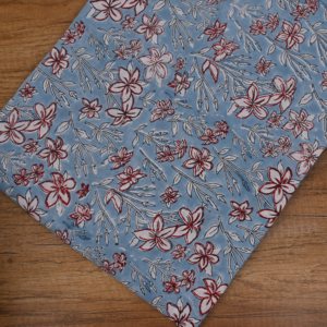 Traditional Breathable Lightweight Sky Blue Red Floral Hand Block Printed 100% Cotton <b>Fabric</b> White Leaf Stem Design for Fashion - Product Image 2