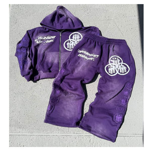 Conjunto de Sudadera con Capucha y Pantalones de Chándal con Cremallera, Estilo Desgastado, Parches y Lavado Ácido, de Moda, Casual, Estilo Urbano - Product Image 3