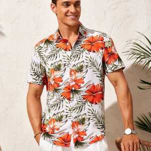 Chemise Hawaïenne Homme Col Montant Bouton Unique Manches Courtes Imprimé Feuilles Tropicales Noir Vert Tenue Vacances Hiver Respirante - Product Image 3