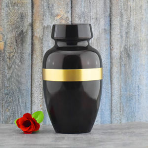 Sleek <b>Black</b> Metal Cremation Urn with <b>Polished</b> Gold Band - Minimalist Elegant Memorial Jar for Human Ashes with Enamel Finish - Product Image 1