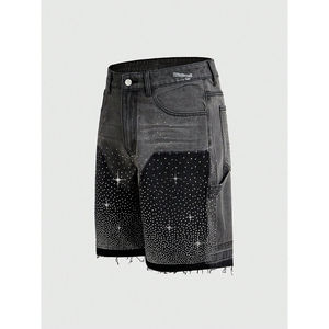 Shorts en jean noir dégradé de haute qualité pour hommes, avec strass, 100 % coton, broderie, style hip-hop, été, scintillant, streetwear - Product Image 5