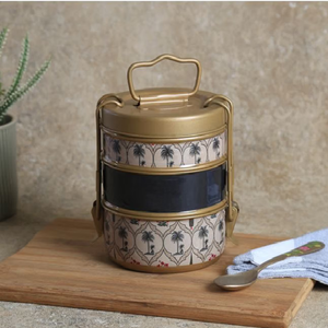 Turquoise brass tiffin <b>box</b>, 3 tier botanical vintage lunch <b>box</b>, colorful floral food carrier, available at wholesale prices. - Product Image 4