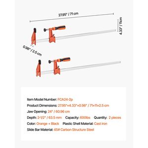 Set di 2 Morsetti a C in Ghisa da 24 Pollici, Capacità di Carico 600 Libbre, Profondità 2-1/2 Pollici, Morsetti Bloccabili per Falegnameria - Product Image 4