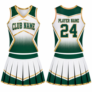Ensemble d'uniformes de cheerleading personnalisés MEGA MAPLE, vert, blanc, or, haut sans manches, jupe plissée, imprimé par transfert thermique, spandex, nom du club - Product Image 1
