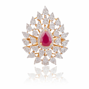 Anillo de Cóctel de Oro Amarillo con Rubí y Halo de Diamantes Pavé, Joyería de Lujo para Compromiso de Mujer - Product Image 1