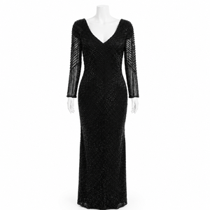 Luxury Black <b>Sequin</b> Evening Dress Women Deep V Neck Fringe Long Sleeve Bodycon Maxi Gown Elegant Formal Party Cocktail Prom - Product Image 1