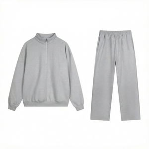 Ensemble de survêtements pour femmes sur mesure, prix de gros, gris uni, tricoté, décontracté, coupe ample, col montant, haut zippé - Product Image 3