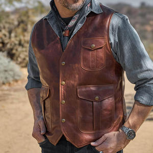 <b>Men</b> Genuine <b>Leather</b> <b>Vest</b> Moto Biker Style Collarless Solid Color Outer Wear Autumn Regular Length With Pockets <b>Vest</b> Quantity - Product Image 5