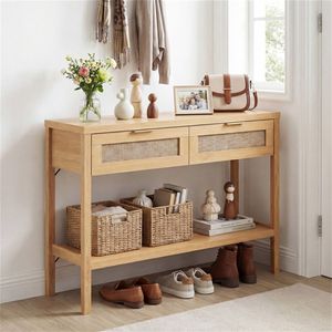 Consolle in Rattan PE Robusto da 40 Pollici con Cassetti Contenitori e Ripiano Inferiore in MDF, Tavolo da Ingresso per Arredamento Casa, Corridoio e Soggiorno - Product Image 1