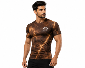 Men's Brown Lightning Compression Shirt Short Sleeve Rash Guard Gym Fitness Workout <b>Athletic</b> Base Layer Performance Sportswear - Product Image 1