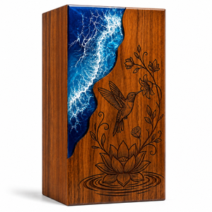 Handmade Wooden Cremation Urn Ocean Wave Resin <b>Memorial</b> <b>Box</b> Floral Bird Inlay Adult Cremation Keepsake Case - Product Image 1