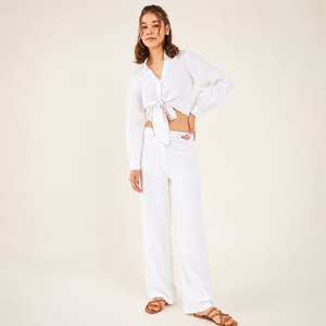 Blissful White 100% Linen Woven A-Line Breathable Casual Embroidery Detailing Daily Natural Waist Co-ord Set - Product Image 1