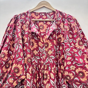 Robe formelle en coton écologique faite à la main avec imprimé floral au bloc, col en V, manches 3/4, ourlet à volants en dentelle, lavable, pour toutes les saisons - Product Image 2
