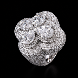 Nouvelle bague de luxe pour femme en forme de fleur, style hip-hop, avec moissanite taille poire, sertie pavé, en or blanc 14K, monture à griffes, bijoux de mariage - Product Image 1