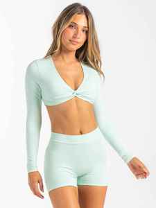 Mint <b>Green</b> Knitted Lightweight Four-Way Stretch Breathable <b>Crop</b> <b>Top</b> Cut Design Short Sleeve Turtleneck Skinny Fit Women's - Product Image 3