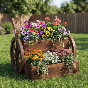 Jardinière à deux niveaux avec trous de drainage en bois de sapin carbonisé et chariot utilitaire à échelle pour balcon et jardin - Product Image 4