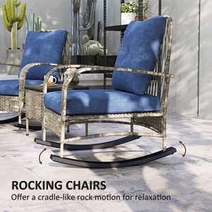 Set di Mobili da Giardino in Vimini, 3 Sedie a Dondolo in Rattan PE con Tavolino e Cuscini, Colore Grigio - Product Image 4