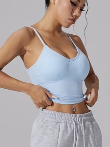 High-Elasticity Longline White Sports <b>Bra</b> | <b>Thin</b> <b>Strap</b> Open-Back Fitness Camisole | Seamless Knit Padded Activewear Crop Top - Product Image 5