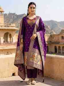 Purple Silk <b>Kurta</b> Pant Dupatta Set With Hand Drawn Embroidery Traditional <b>Indian</b> Ethnic Wear For Women Regular Fit Ankle Length - Product Image 5