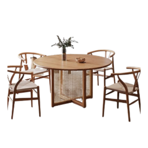 Ensemble de table à manger ronde en rotin de style japonais, meubles de salle à manger en bois pour 4 personnes, utilisation intérieure/extérieure, restaurant. - Product Image 3