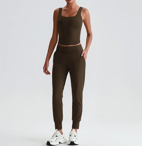 Women Olive Green Seamless Yoga <b>Set</b> <b>Square</b> Neck Spaghetti Strap Crop Top With Pockets High Waist Joggers Breathable Activewear - Product Image 1
