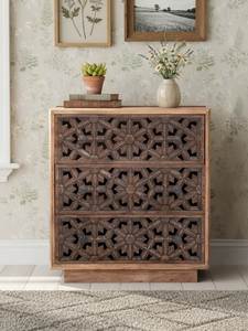 Luxury Handcrafted Solid Wood 3 Drawer Dresser Ornate Geometric Lattice Carving <b>Rustic</b> Teak Finish - Product Image 1