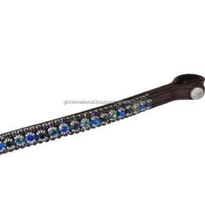 Diadema de cuero genuino para caballo con cadena de metal y cristales azules, negros y blancos, con forma de onda decorativa, para brida inglesa. - Product Image 3