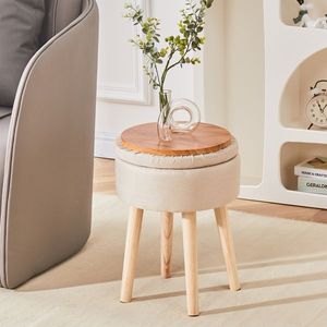 Poggiapiedi Imbottito Multifunzionale Moderno con Gambe in Legno, Sgabello da Toeletta in Lino con Vassoio e Vano Portaoggetti per Hotel, Materiale MDF - Product Image 2