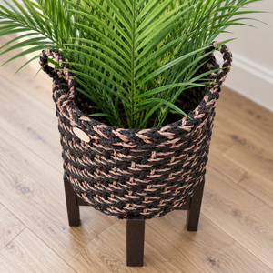 Custom Handwoven Jute Rope Planter <b>Basket</b> with Wooden Stand and Hanger Black and Blush Pink Indoor <b>Plant</b> Pot with Handles - Product Image 5