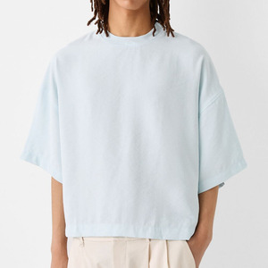 T-shirt court oversize pour homme, bleu clair, col rond, manches courtes, 100 % coton jersey, coupe décontractée, couleur unie, tricoté - Product Image 1