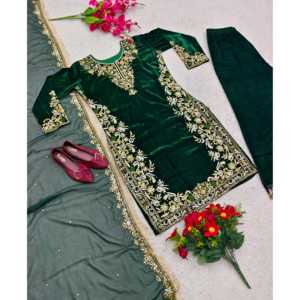 Conjunto de Top de Terciopelo Verde Elegante con Dupatta de Diseñador para Bodas, Talla M, para Fiestas - Product Image 4
