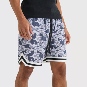 Custom Mens Grey Camo Mesh Basketball Shorts Striped Trim Drawstring Elastic Waist Casual <b>Athletic</b> Sports Camouflage Trunks - Product Image 4