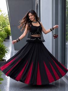 Black <b>Red</b> Floor-Length Lehenga Set With Beaded Crop Top Traditional Party Wear <b>For</b> <b>Women</b> India Pakistan Style - Product Image 3
