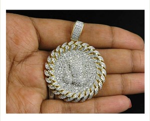 925 <b>Silver</b> Gold Plated Custom Hip Hop Iced Trendy Praying Hand Angel Medallion Circle Lab Grown Diamond Pendant <b>Necklace</b> Jewelry - Product Image 4