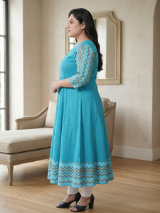 Teal Zig Zag Geometric Print Anarkali <b>Kurti</b> In Cotton Fabric For Plus Size Women's Round Neck Three Quarter Sleeves - Product Image 2
