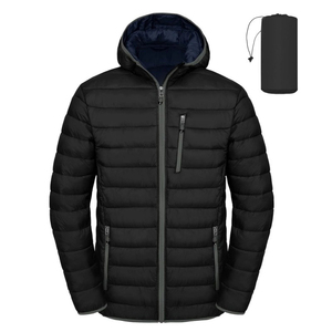 Men's Lightweight Wool Puffer <b>Jacket</b> Hooded Insulated Winter Coat with Windproof Zipper <b>Packable</b> Bubble Down <b>Jacket</b> in Black - Product Image 1