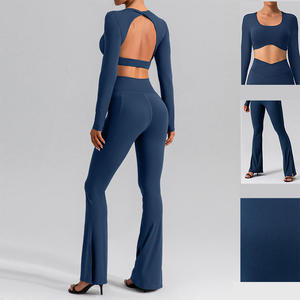 Conjunto de Top Corto de Manga Larga Verde Oliva para Mujer con Pantalones Acampanados, Tejido Minimalista de Spandex y Poliéster, Cuello Redondo, Color Sólido - Product Image 2