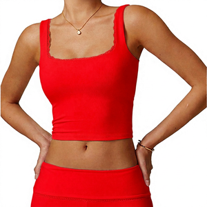 Women's <b>Pink</b> Ribbed Neck <b>Crop</b> <b>Top</b> Strap Tank Breathable High Support Solid Color Simple Front Logo Yoga Eco-Friendly Quick Dry - Product Image 4
