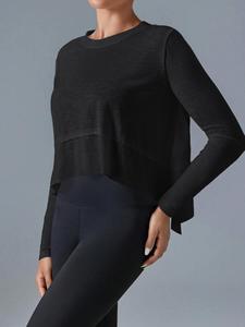 Crop top noir pour femme, manches longues, col rond, tricoté en spandex et polyester, coupe ample asymétrique, couleur unie minimaliste, toutes saisons - Product Image 1