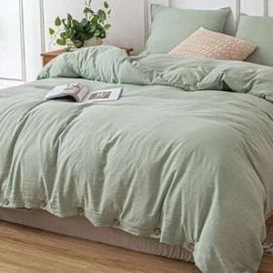 Parure de lit en lin vert sauge avec 2 taies d'oreiller, style bohème lavé, pour la maison, la chambre ou l'hôtel, ensemble 3 pièces en tissu - Product Image 1