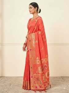 ASHMITAS COLLECTIONS Sari en soie Katan Banarasi traditionnel avec broderie Zari dorée, motifs floraux, pour occasions de mariage, longueur ras du sol pour femme - Product Image 2