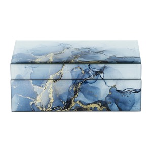 Boîte à bijoux rectangulaire en verre avec couvercle, design marbre bleu doré, finition brillante, rangement 1 couche pour bijoux, style moderne et luxueux - Product Image 1